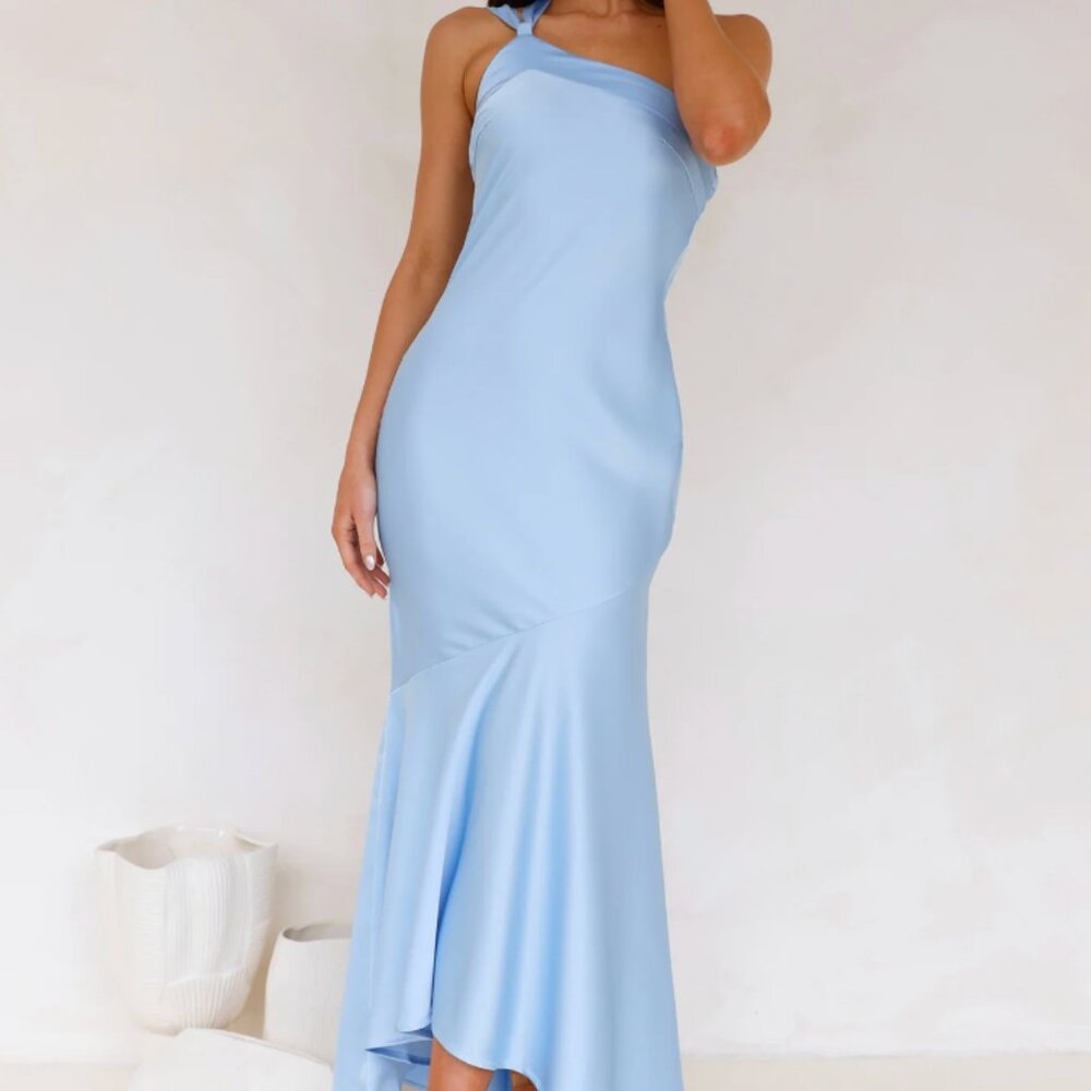 Hello Molly Romantic Affair Satin One Shoulder Maxi Dress Blue